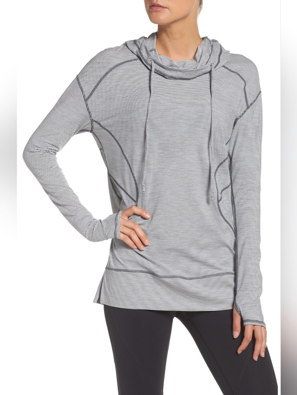 Zella Let’s Explore Hoodie Gray Stripe Pullover Cowl Neck Thumbholes Size L